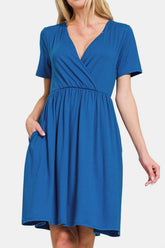 Zenana Surplice Short Sleeve Brushed DTY Dress OutfitFlow
